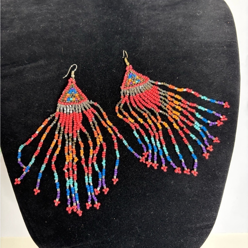 Gorgeous Multi-Color Tribal Beaded Waterfall Dangle Earrings